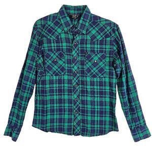 Salt Valley Western Men's Button Up Plaid Green Blue S